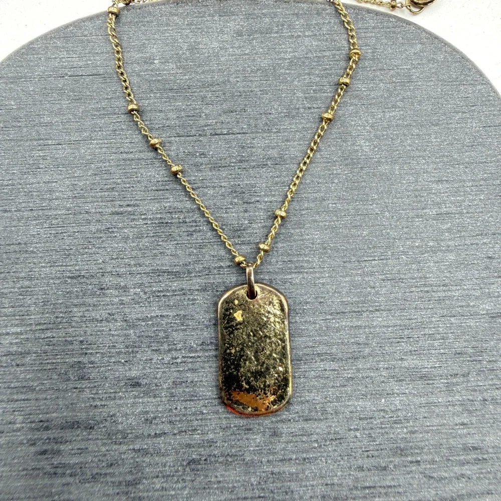 Gold Tone Textured Dog Tag Pendant Station Chain Necklace Minimalist Fashion